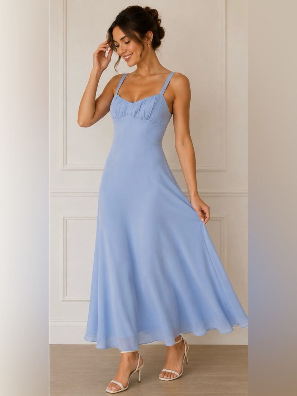 Sleeveless Light Blue Maxi Dress with Ruched Bodice